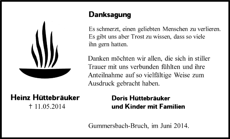  Traueranzeige für Heinz Hüttebräuker vom 18.06.2014 aus  Anzeigen Echo 