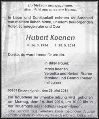 Anzeige von Hubert Koenen von  Sonntags-Post 