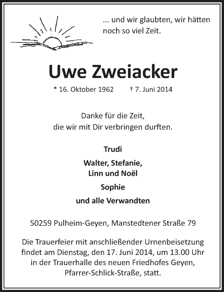  Traueranzeige für Uwe Zweiacker vom 14.06.2014 aus  Sonntags-Post 