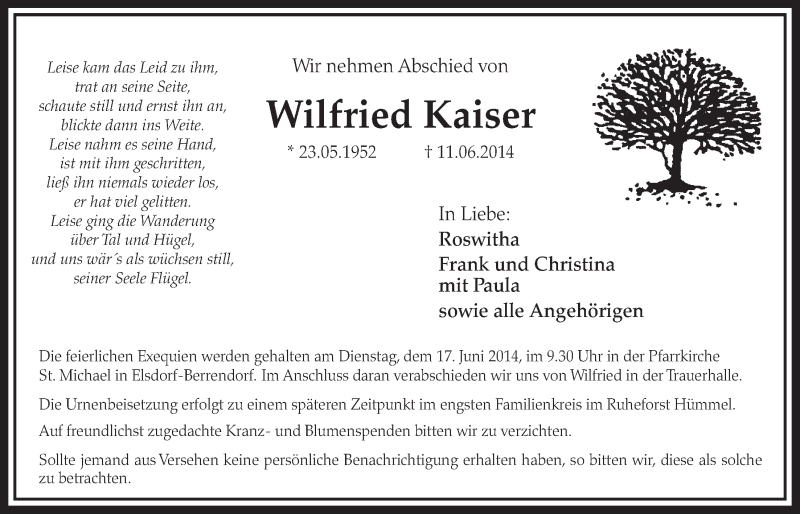  Traueranzeige für Wilfried Kaiser vom 14.06.2014 aus  Sonntags-Post 