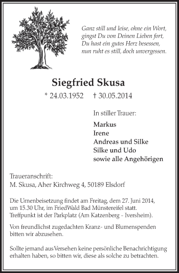 Anzeige von Siegfried Skusa von  Sonntags-Post 