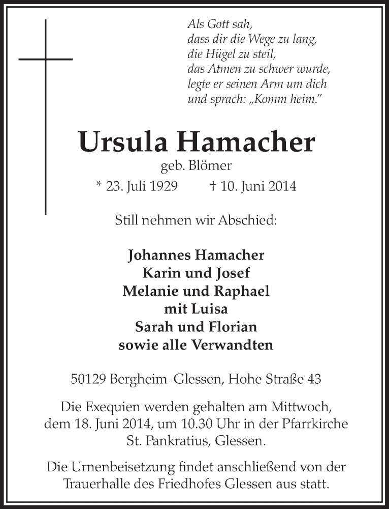  Traueranzeige für Ursula Hamacher vom 14.06.2014 aus  Sonntags-Post 