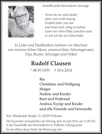 Anzeige von Rudolf Clausen von  Sonntags-Post 