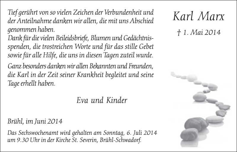  Traueranzeige für Karl Marx vom 25.06.2014 aus  Schlossbote/Werbekurier 