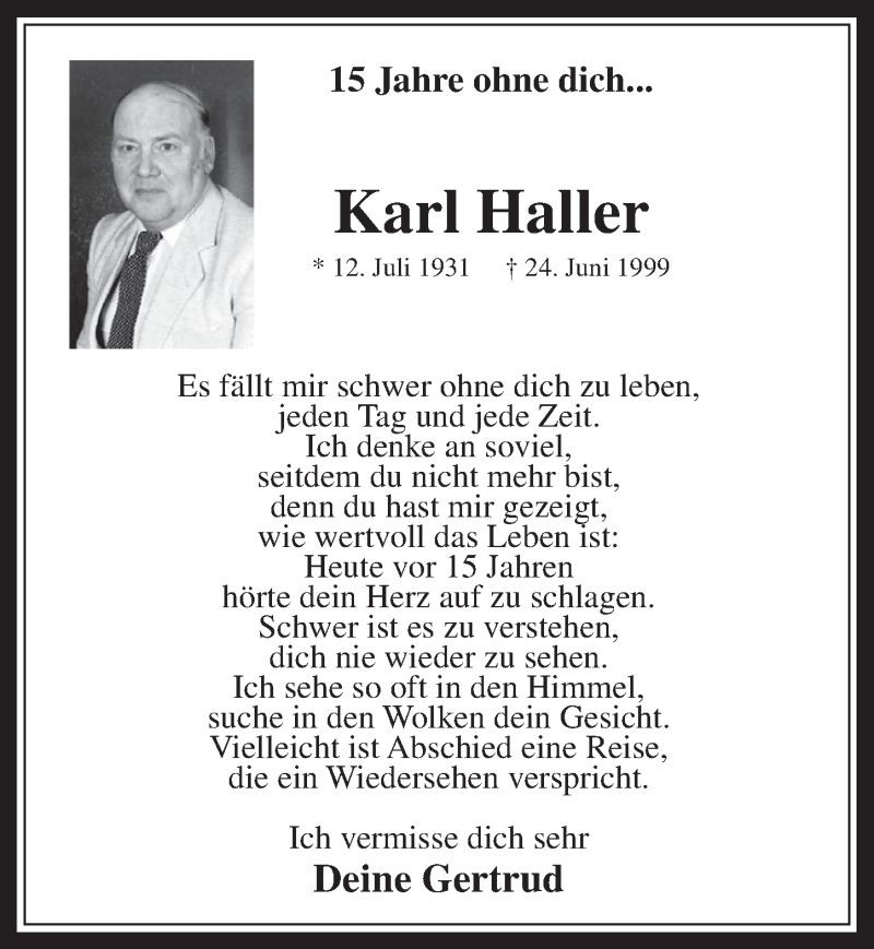  Traueranzeige für Karl Haller vom 18.06.2014 aus  Werbepost 
