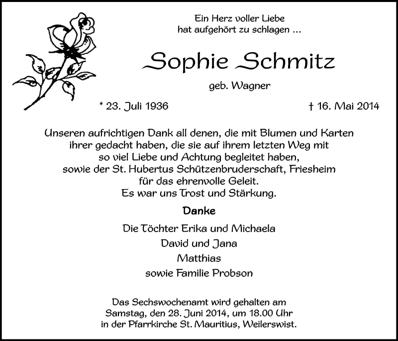  Traueranzeige für Sophie Schmitz vom 18.06.2014 aus  Werbepost 
