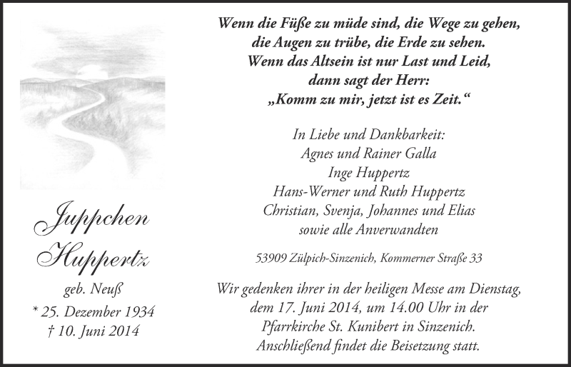  Traueranzeige für Juppchen Huppertz vom 15.06.2014 aus  Blickpunkt Euskirchen 