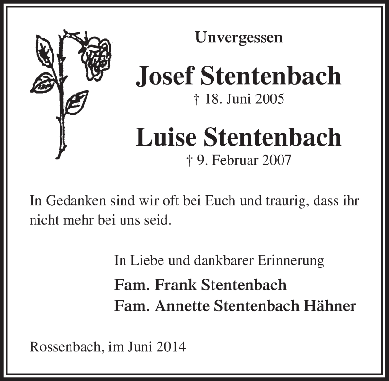  Traueranzeige für Josef und Luise Stentenbach vom 18.06.2014 aus  Lokalanzeiger 