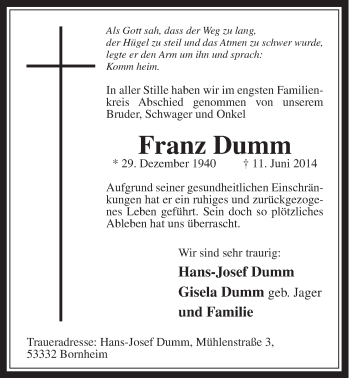 Anzeige von Franz Dumm von  Schaufenster/Blickpunkt 