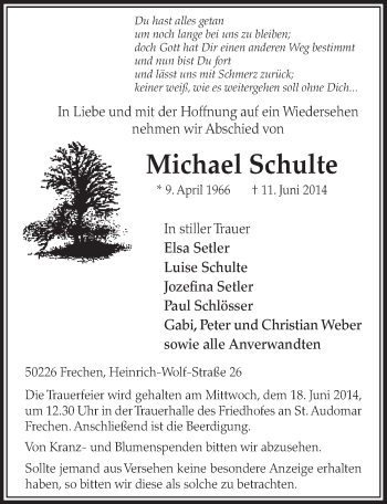 Anzeige von Michael Schulte von  Sonntags-Post 