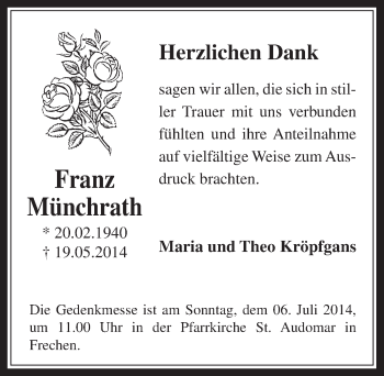 Anzeige von Franz Münchrath von  Wochenende 