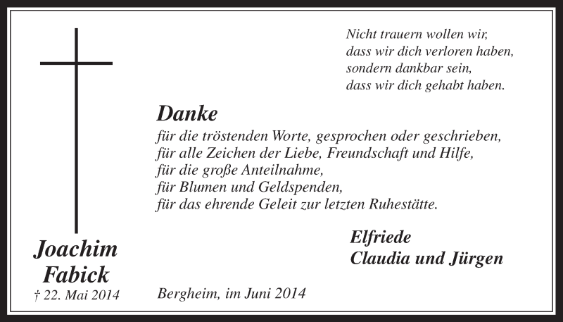  Traueranzeige für Joachim Fabick vom 18.06.2014 aus  Werbepost 