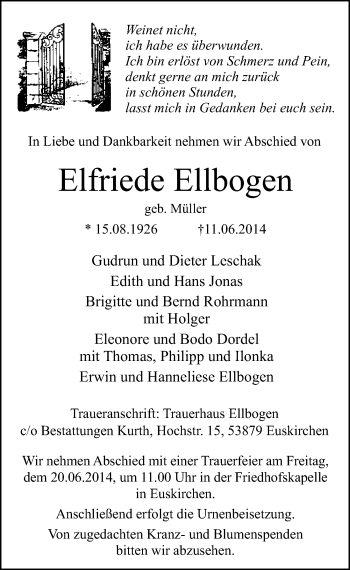 Anzeige von Elfriede Ellbogen von  Blickpunkt Euskirchen 