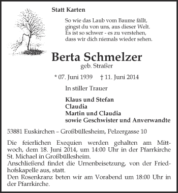 Anzeige von Berta Schmelzer von  Blickpunkt Euskirchen 