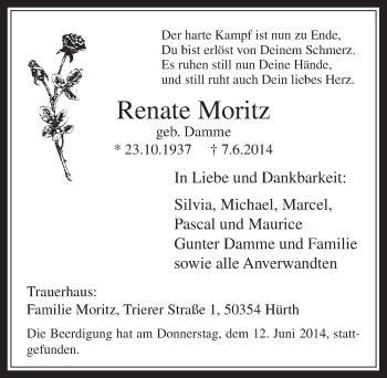 Anzeige von Renate Moritz von  Wochenende 