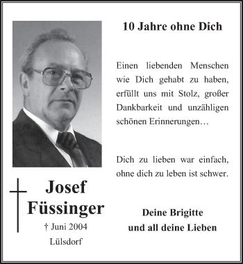 Anzeige von Josef Füssinger von  Rhein-Sieg-Wochenende 