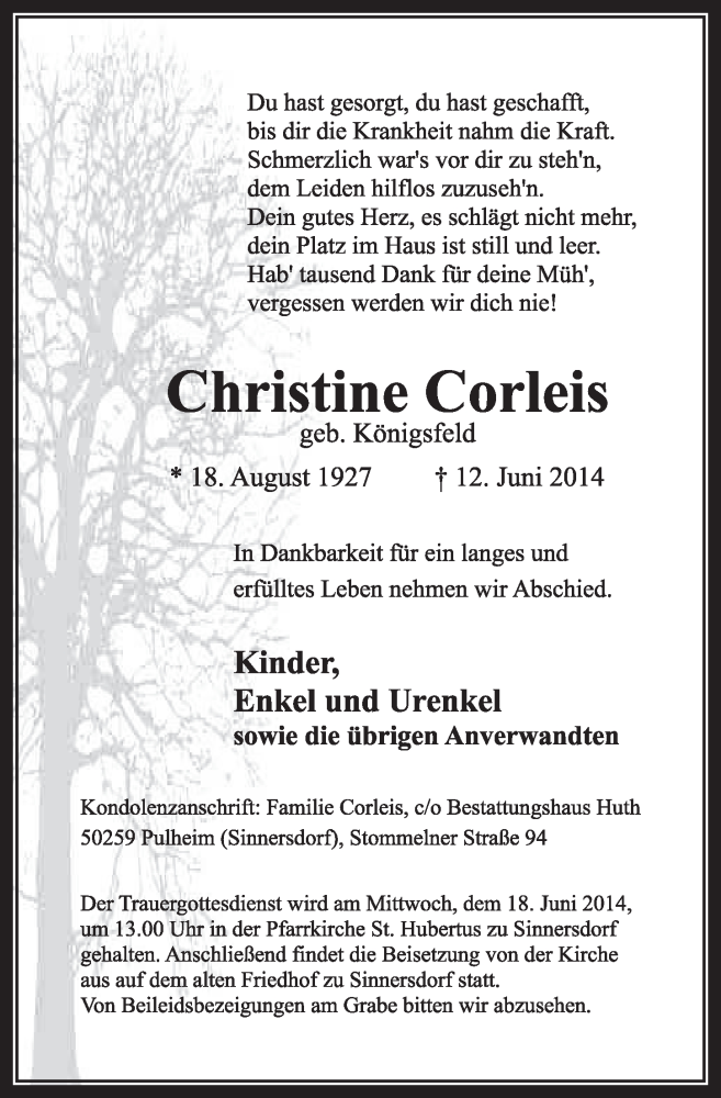  Traueranzeige für Christine Corleis vom 14.06.2014 aus  Sonntags-Post 