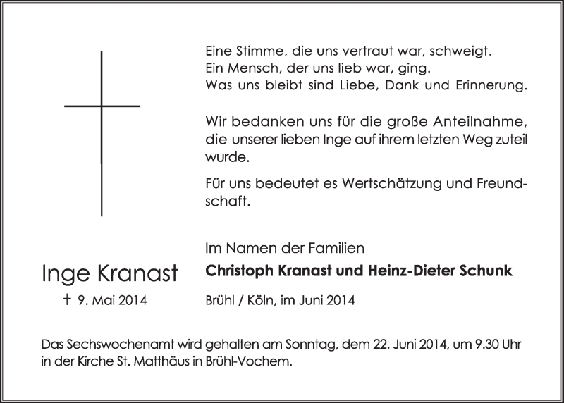  Traueranzeige für Inge Kranast vom 18.06.2014 aus  Schlossbote/Werbekurier 