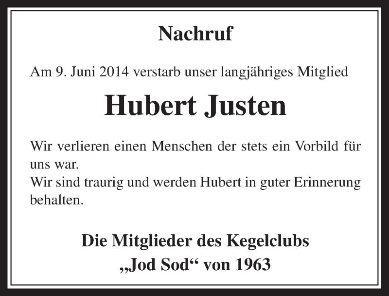  Traueranzeige für Hubert Justen vom 18.06.2014 aus  Werbepost 
