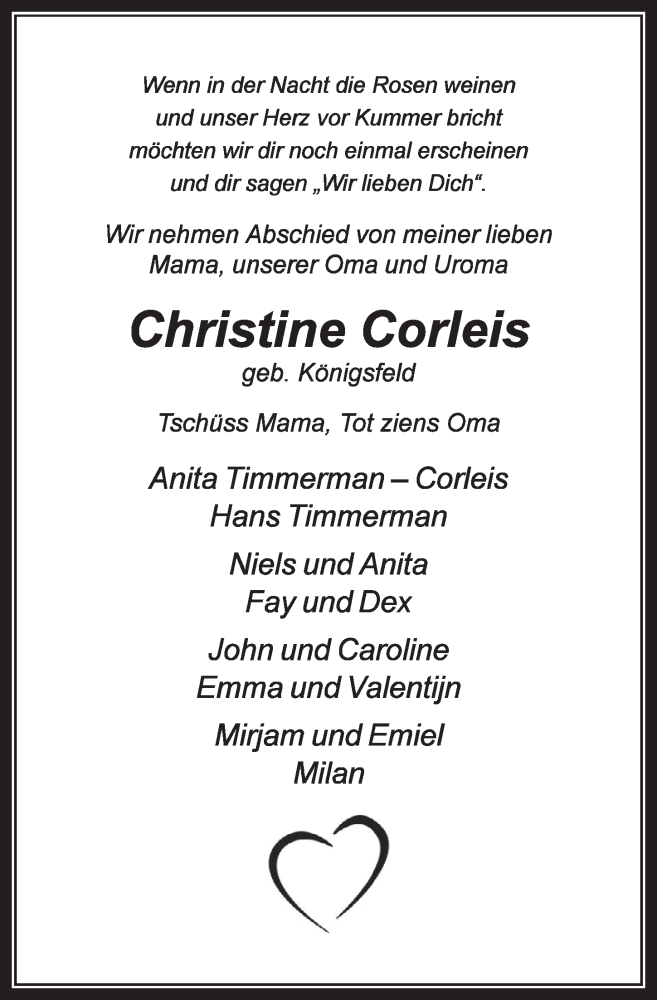  Traueranzeige für Christine Corleis vom 14.06.2014 aus  Sonntags-Post 