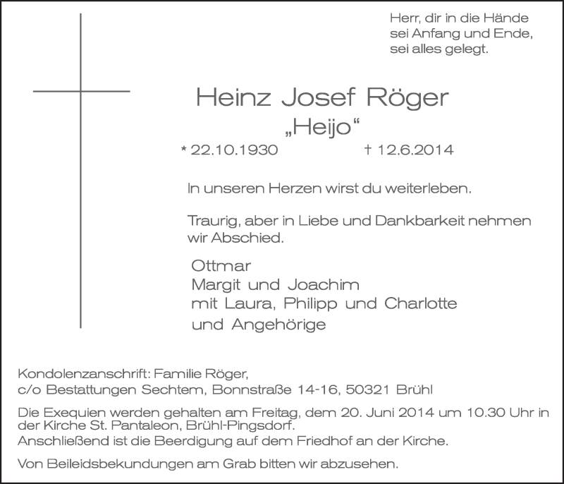  Traueranzeige für Heinz Josef Röger vom 18.06.2014 aus  Schlossbote/Werbekurier 