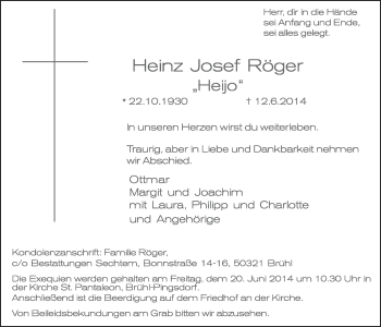 Anzeige von Heinz Josef Röger von  Schlossbote/Werbekurier 