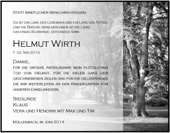 Anzeige von Helmut Wirth von  Anzeigen Echo 