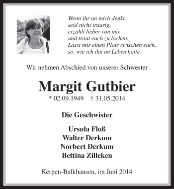 Anzeige von Margit Gutbier von  Werbepost 