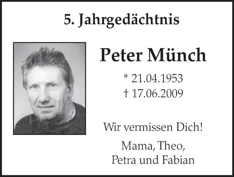  Traueranzeige für Peter Münch vom 18.06.2014 aus  Schlossbote/Werbekurier 