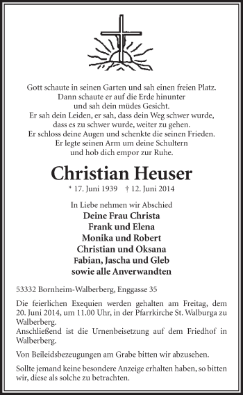 Anzeige von Christian Heuser von  Schlossbote/Werbekurier 