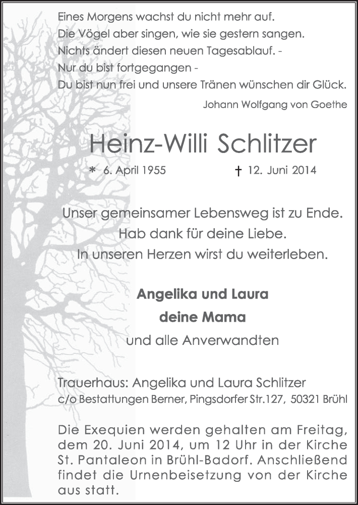  Traueranzeige für Heinz-Willi Schlitzer vom 18.06.2014 aus  Schlossbote/Werbekurier 