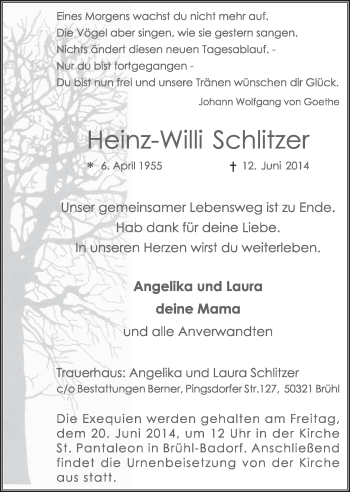Anzeige von Heinz-Willi Schlitzer von  Schlossbote/Werbekurier 