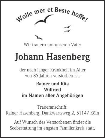 Anzeige von Johann Hasenberg von  Kölner Wochenspiegel 