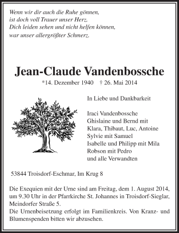 Anzeige von Jean-Claude Vandenbossche von  Kölner Wochenspiegel 