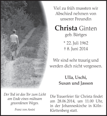 Anzeige von Christa Ginten von  Schlossbote/Werbekurier 