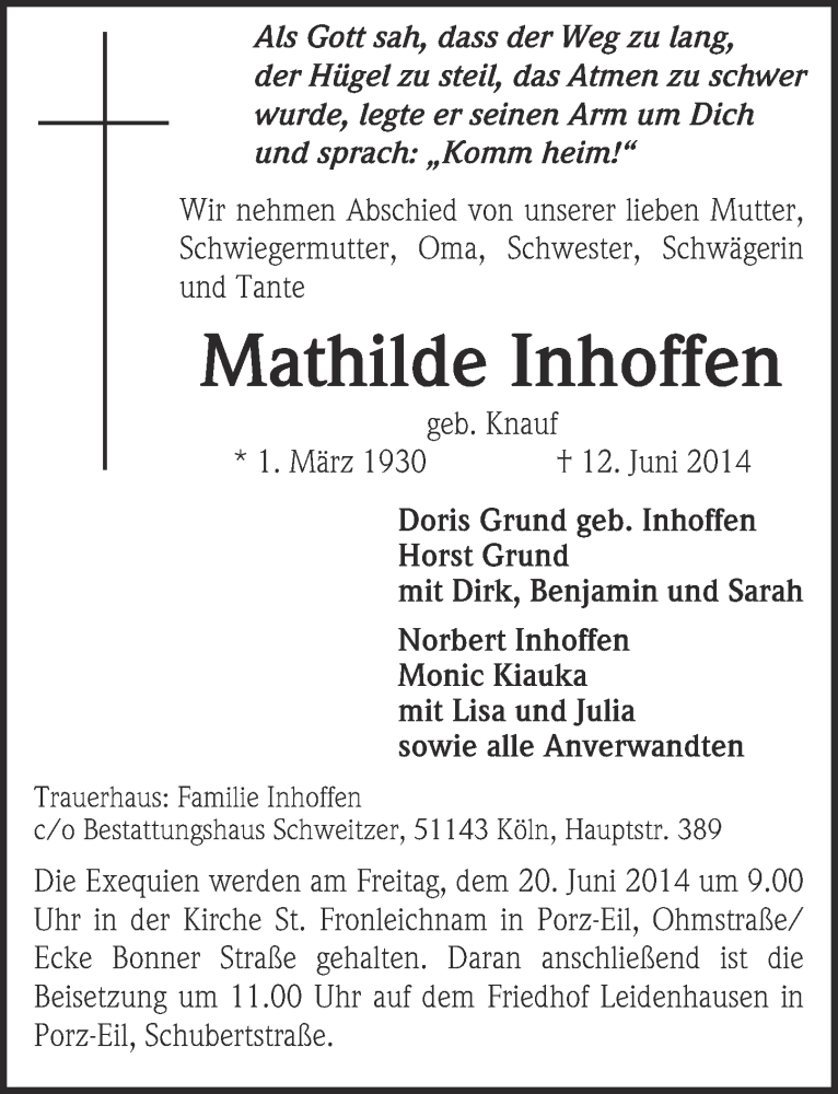  Traueranzeige für Mathilde Inhoffen vom 18.06.2014 aus  Kölner Wochenspiegel 