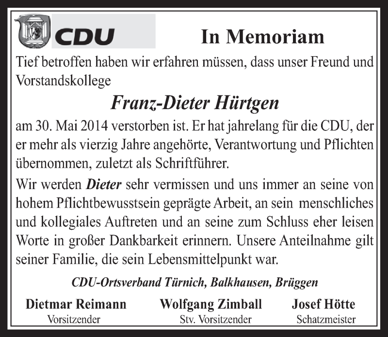  Traueranzeige für Franz-Dieter Hütgen vom 18.06.2014 aus  Werbepost 