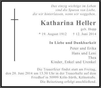 Anzeige von Katharina Heller von  Kölner Wochenspiegel 