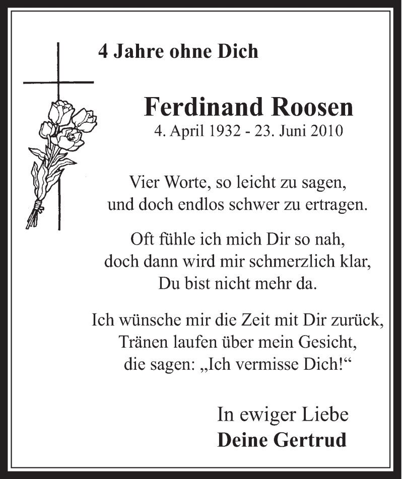  Traueranzeige für Ferdinand Roosen vom 18.06.2014 aus  Schaufenster/Blickpunkt 