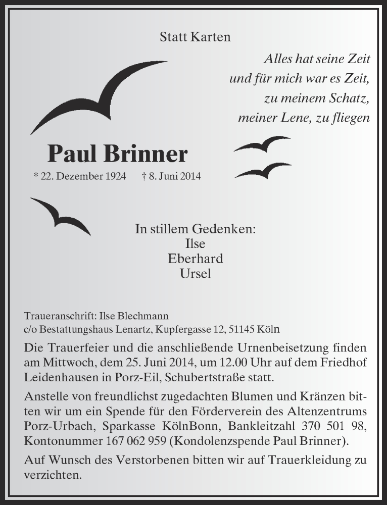  Traueranzeige für Paul Brinner vom 18.06.2014 aus  Kölner Wochenspiegel 