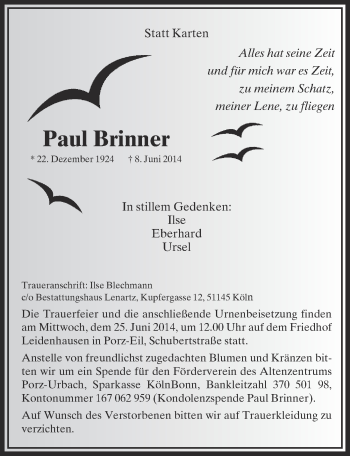 Anzeige von Paul Brinner von  Kölner Wochenspiegel 