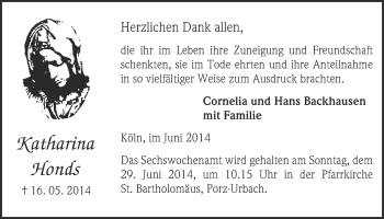 Anzeige von Katharina Honds von  Kölner Wochenspiegel 