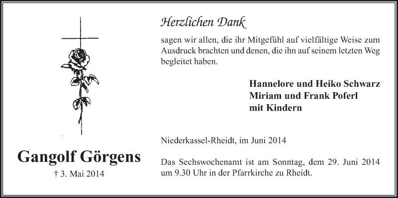  Traueranzeige für Gangolf Görgens vom 18.06.2014 aus  Extra Blatt 