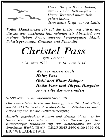Anzeige von Christel Pass von  Lokalanzeiger 