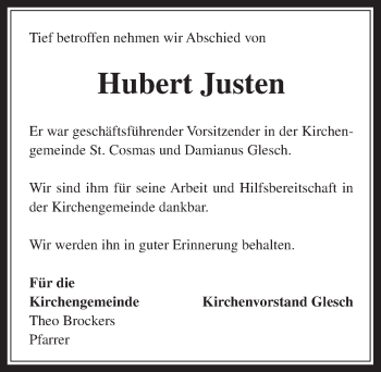 Anzeige von Hubert Justen von  Werbepost 