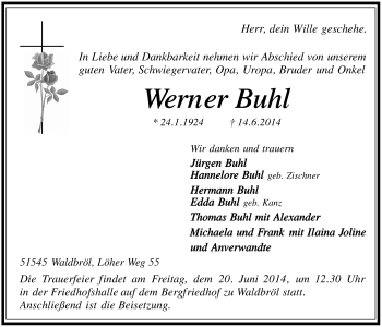 Anzeige von Werner Buhl von  Lokalanzeiger 