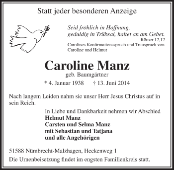 Anzeige von Caroline Manz von  Lokalanzeiger 