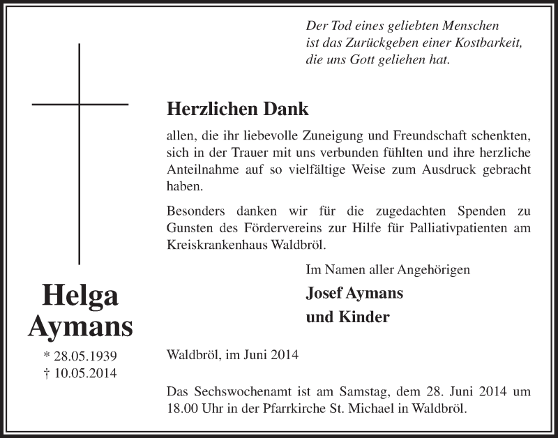  Traueranzeige für Helga Aymans vom 18.06.2014 aus  Lokalanzeiger 