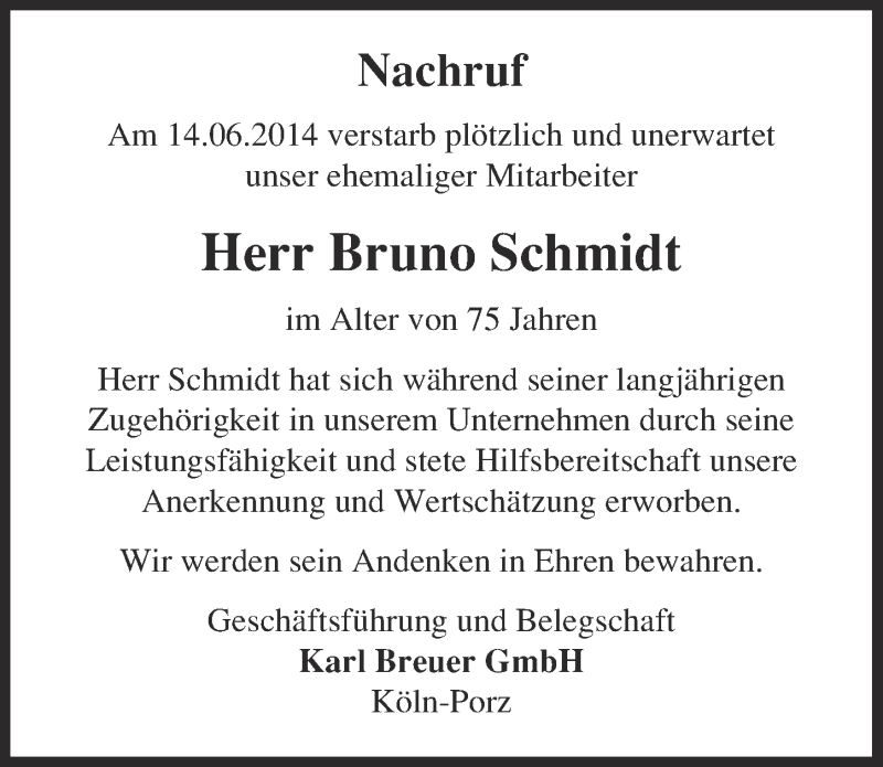  Traueranzeige für Bruno Schmidt vom 18.06.2014 aus  Kölner Wochenspiegel 