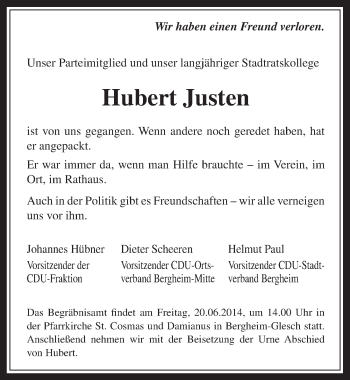 Anzeige von Hubert Justen von  Werbepost 